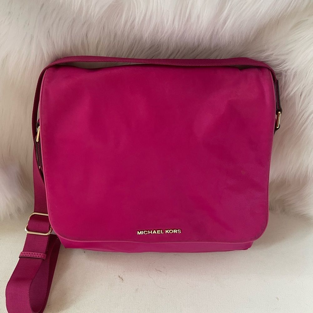 Michael Kors Nylon Raspberry pink messenger bag with gold tone logo & hardwares